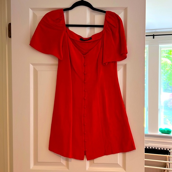 ZARA red linen shirt sleeve mini dress - Picture 3 of 4